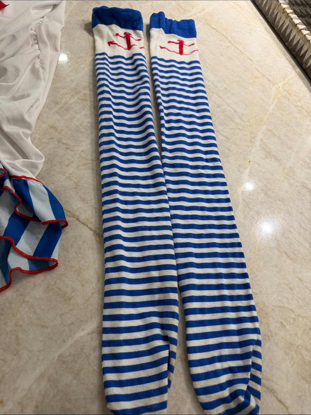 Women’s White Sailor Mini Dress with Blue Striped Ruffle & Red Trim - Picture 3 of 5